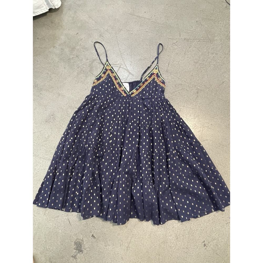 Area Stars Navy Beaded Embroidered Polka Dot Sundress L Sleeveless V-Neck Short
